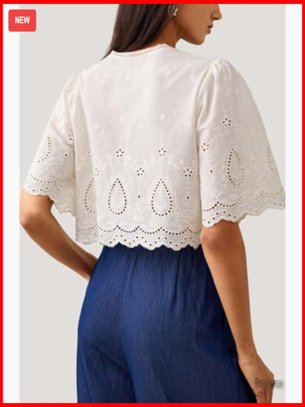 Short Sleeve Eyelet Blouse Tie Front Puff Sleeve V Neck Cropped Top - Picture 3 of 6